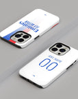 Phone case with the Olympique Lyonnais 2024-25 Home football shirt design by RIPA Football