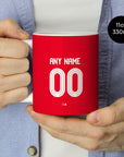 Mug with the Nottingham Forest 2025-26 Home football shirt design by RIPA Football