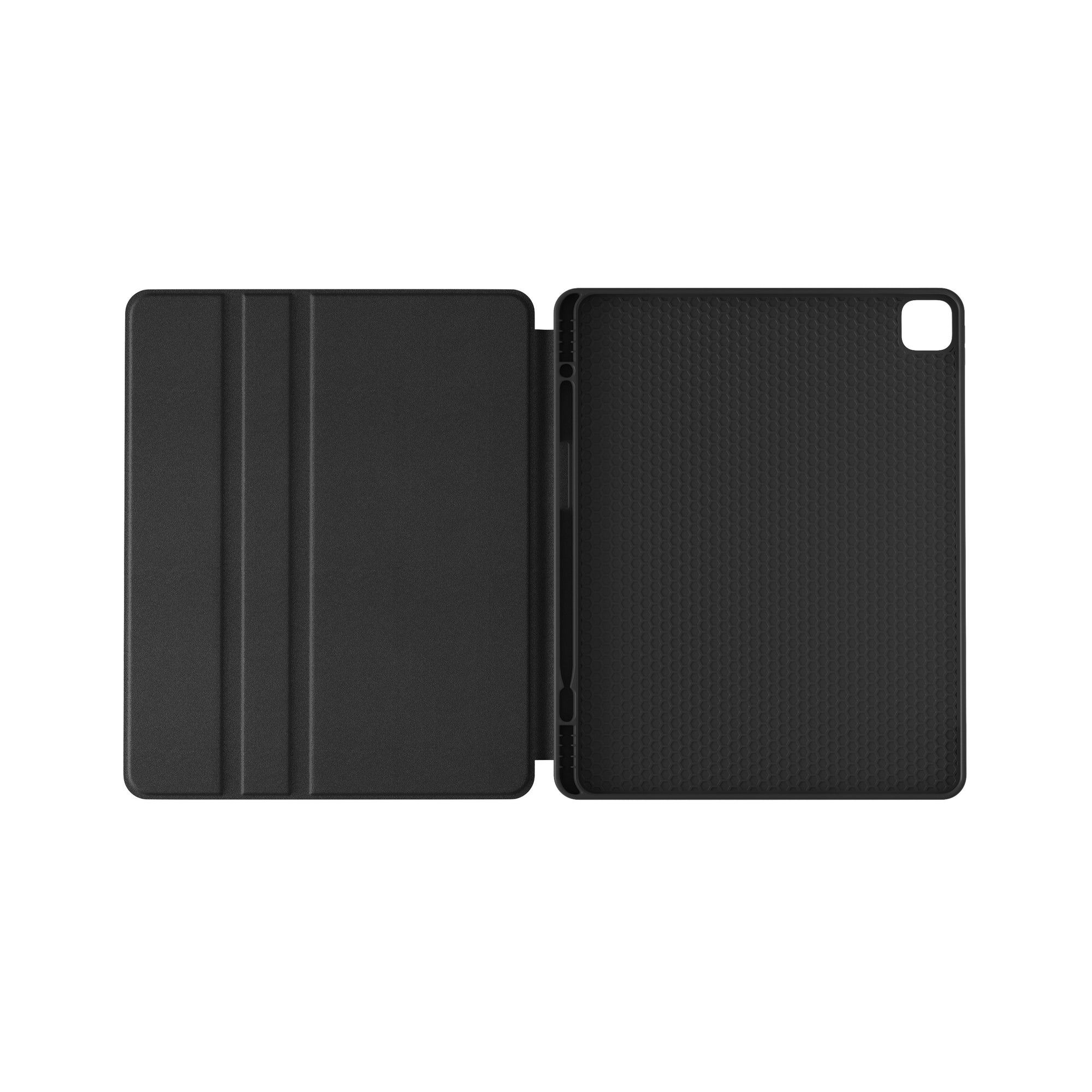 a black ipad case sitting open on a white surface