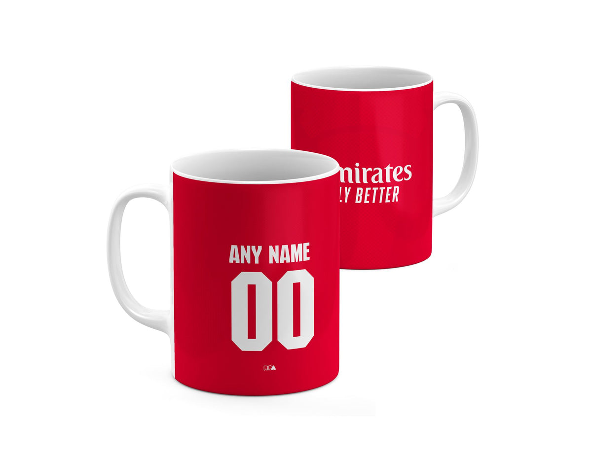 Mug with the Arsenal 2026-27 Home football shirt design by RIPA Football