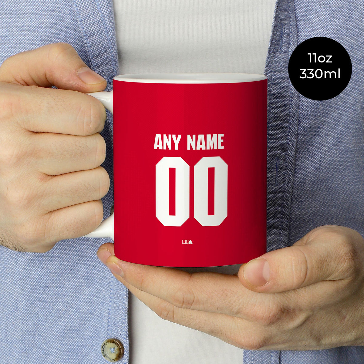 Mug with the Arsenal 2026-27 Home football shirt design by RIPA Football