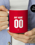 Mug with the Arsenal 2026-27 Home football shirt design by RIPA Football