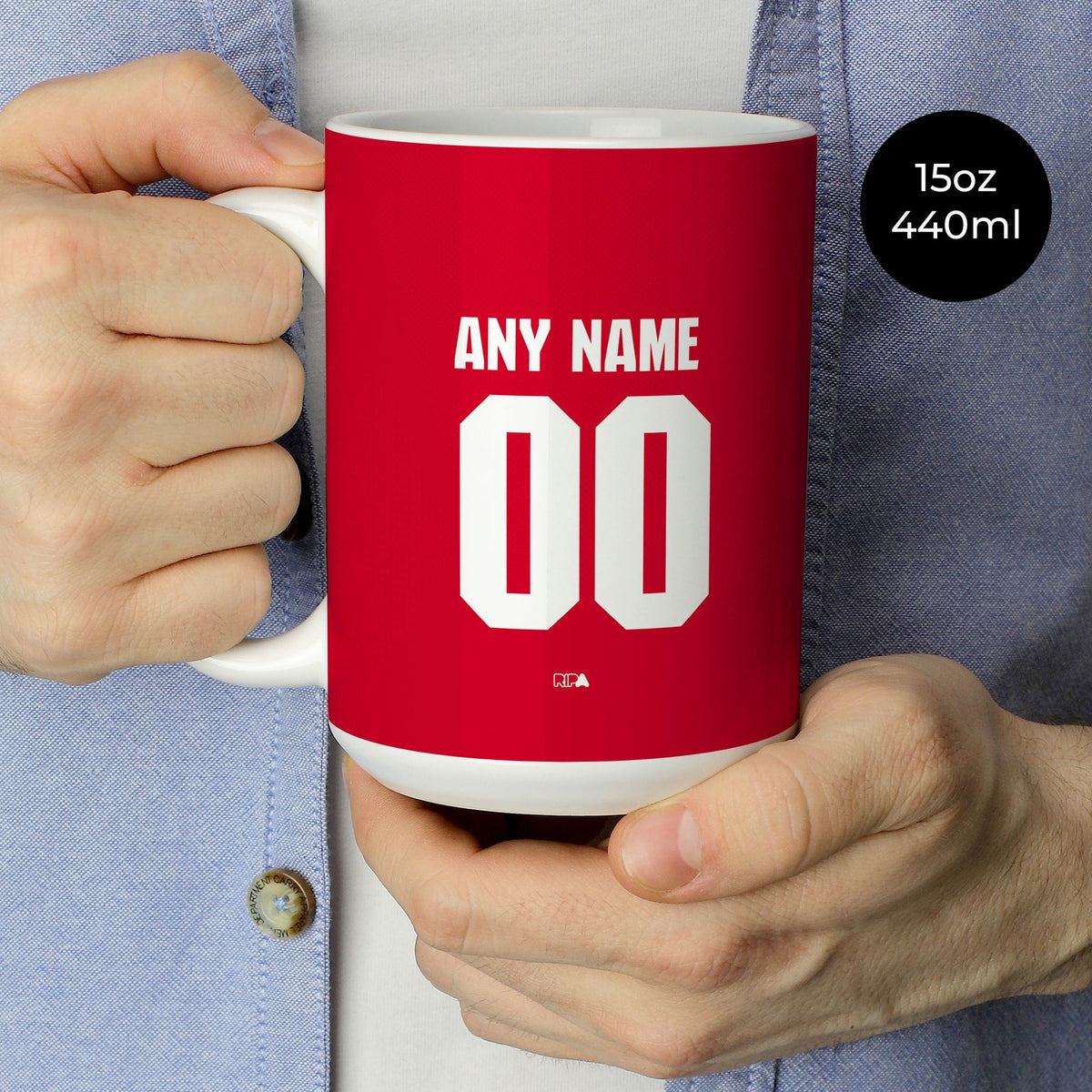 Mug with the Arsenal 2026-27 Home football shirt design by RIPA Football
