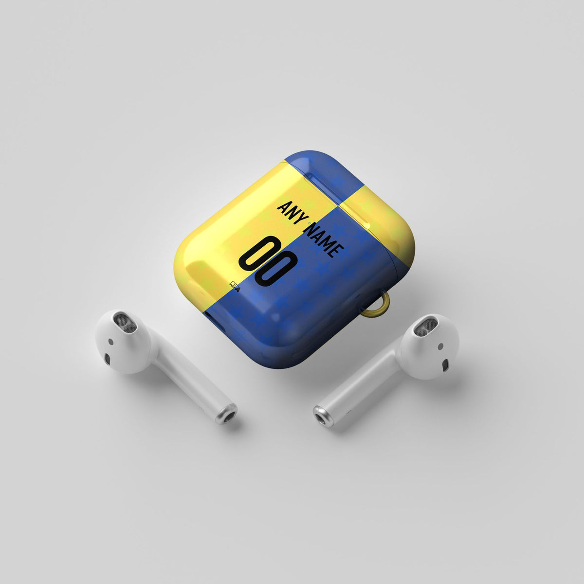 AirPods case with the Boca Juniors 2026 Prematch football shirt design by RIPA Football
