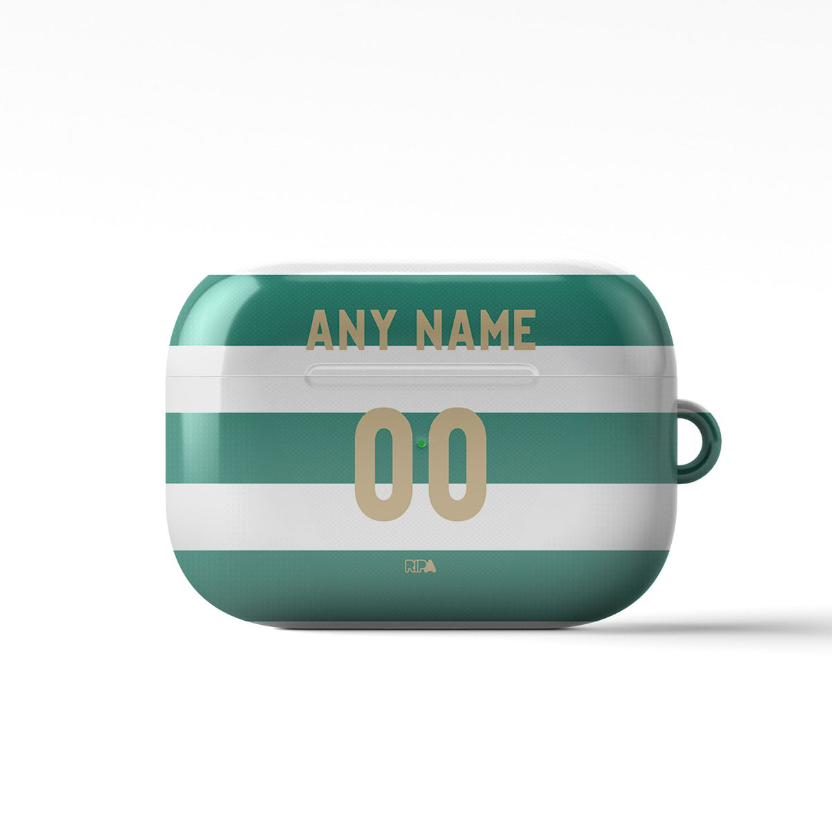AirPods case with the Celtic 2026-27 Home football shirt design by RIPA Football