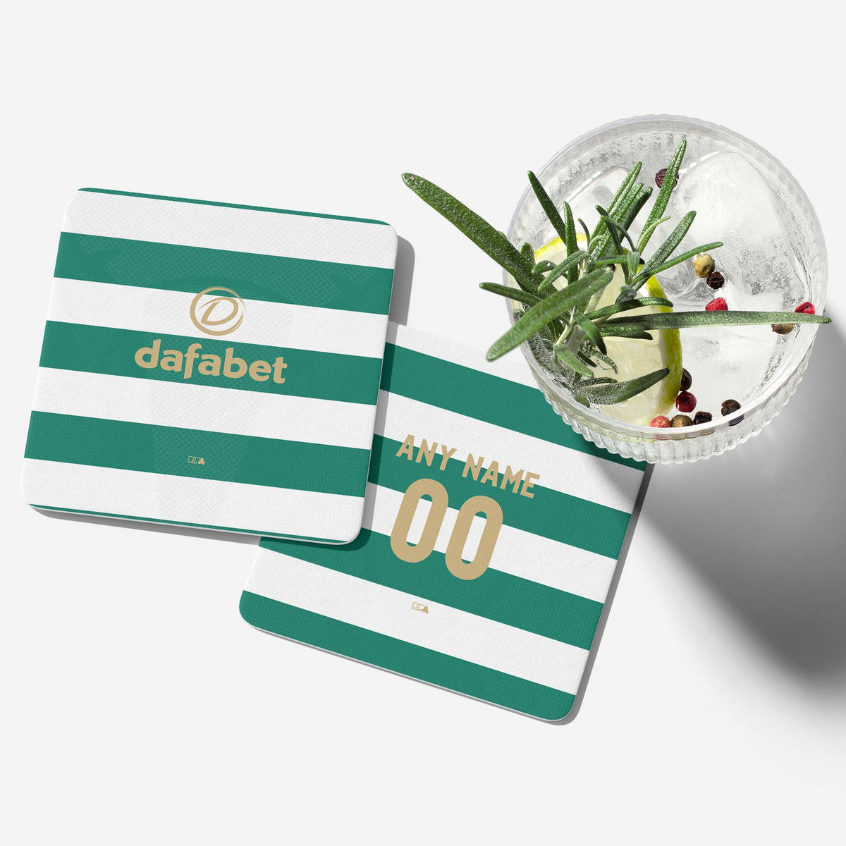 Coaster with the Celtic 2026-27 Home football shirt design by RIPA Football