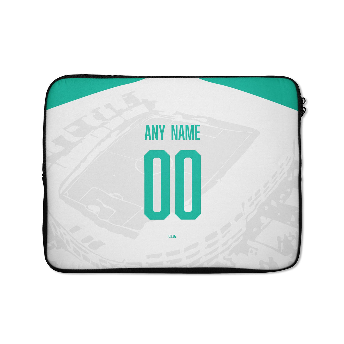 Laptop sleeve with the Club León 2026-27 Away football shirt design by RIPA Football
