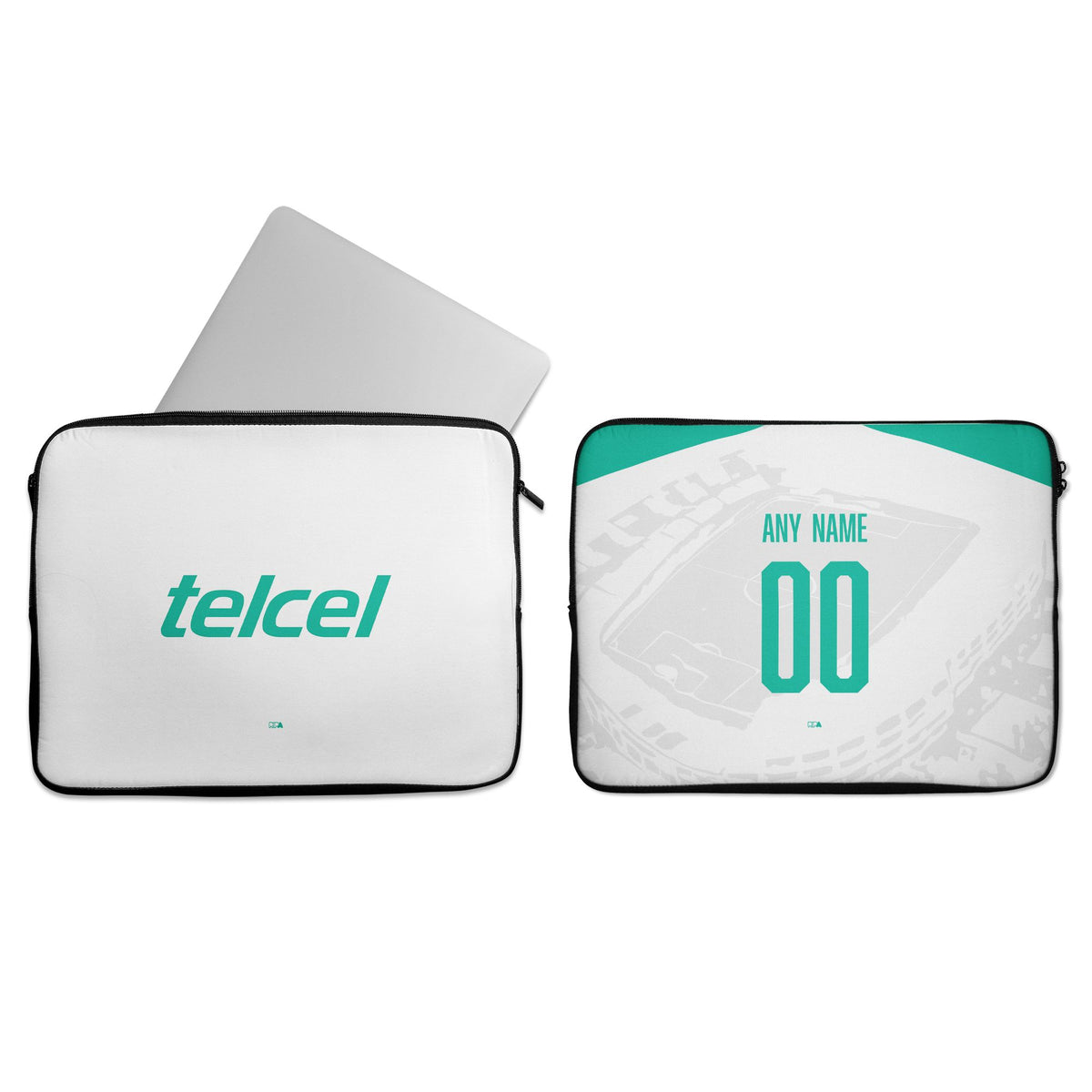 Laptop sleeve with the Club León 2026-27 Away football shirt design by RIPA Football