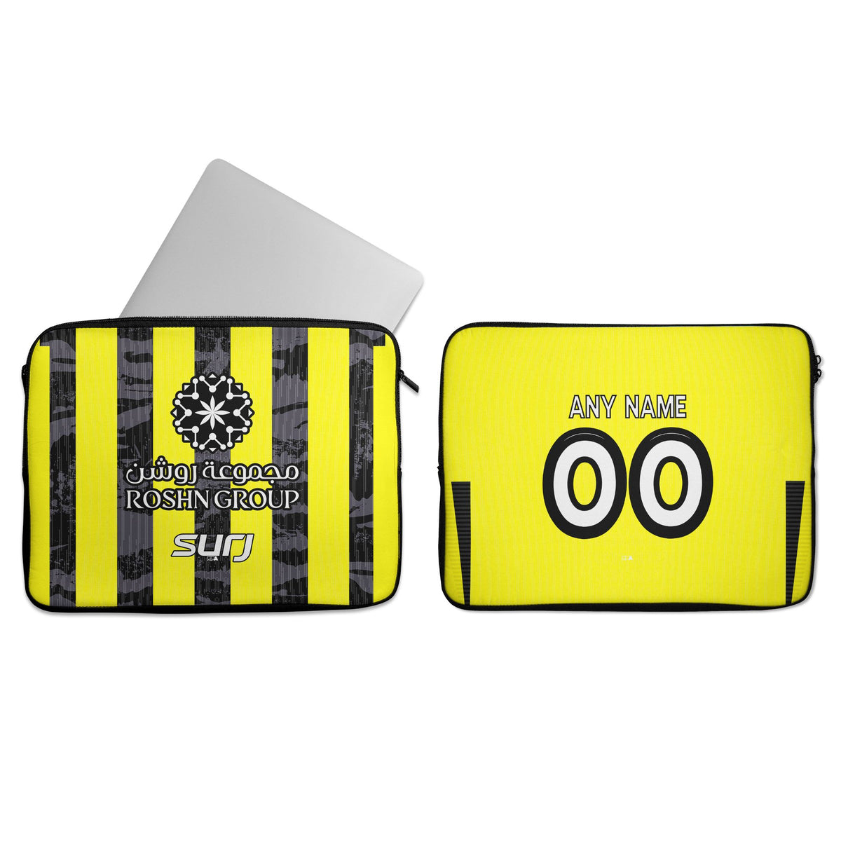 Laptop sleeve with the Al-Ittihad 2025-26 Home football shirt design by RIPA Football