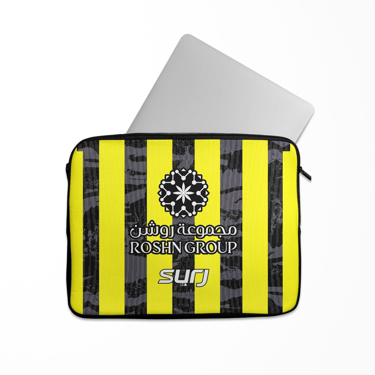 Laptop sleeve with the Al-Ittihad 2025-26 Home football shirt design by RIPA Football
