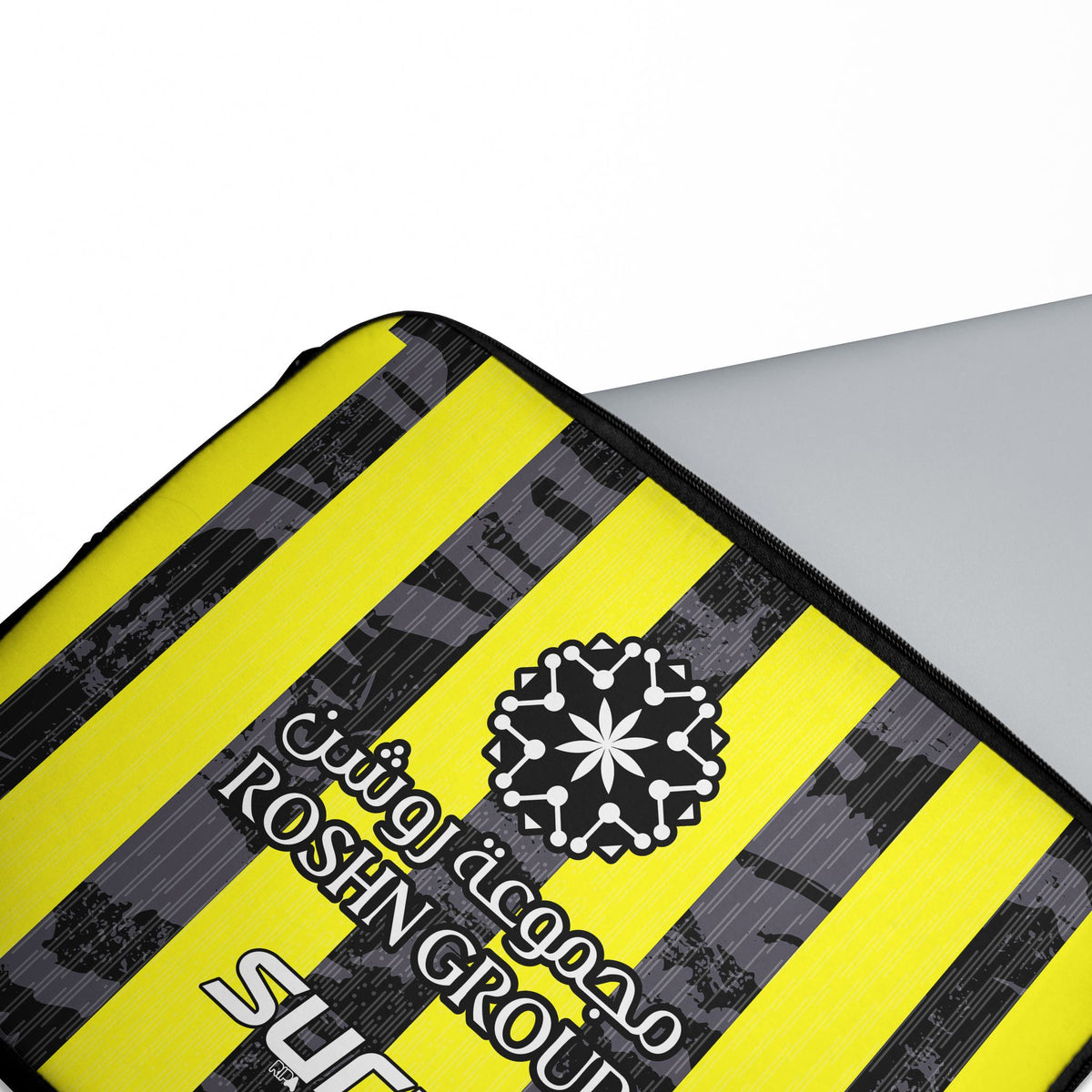Laptop sleeve with the Al-Ittihad 2025-26 Home football shirt design by RIPA Football