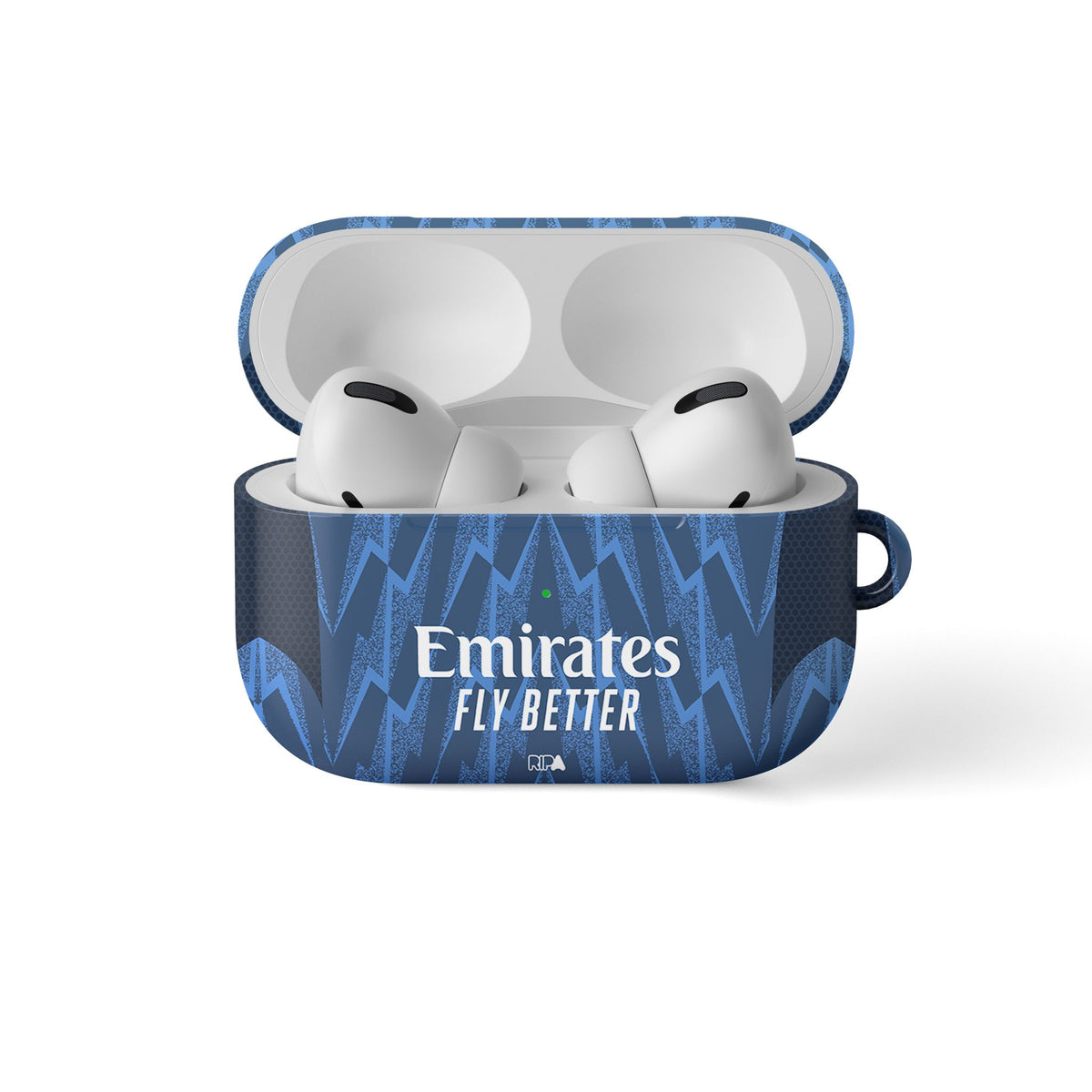 AirPods case with the Arsenal 2025-26 Away football shirt design by RIPA Football