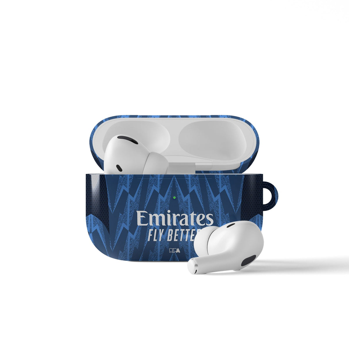 AirPods case with the Arsenal 2025-26 Away football shirt design by RIPA Football