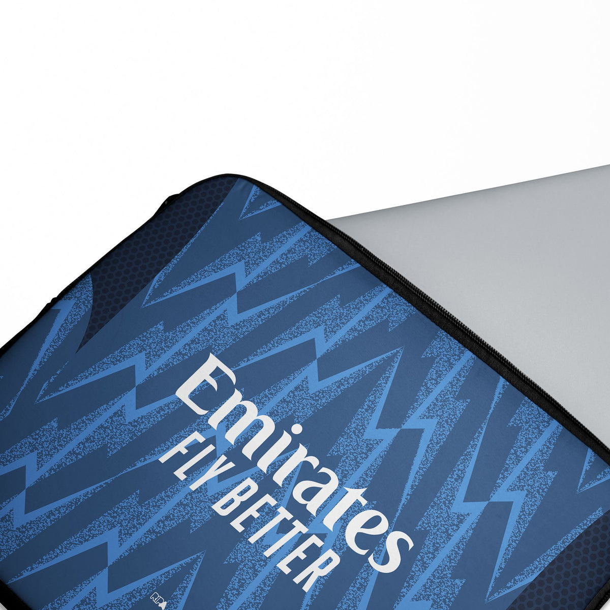 Laptop sleeve with the Arsenal 2025-26 Away football shirt design by RIPA Football
