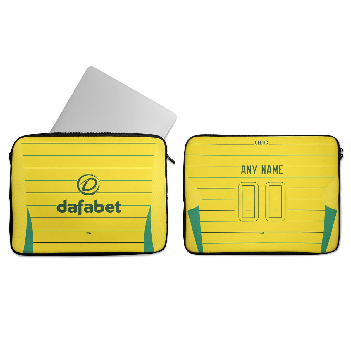 Laptop sleeve with the Celtic 2024-25 Away football shirt design by RIPA Football