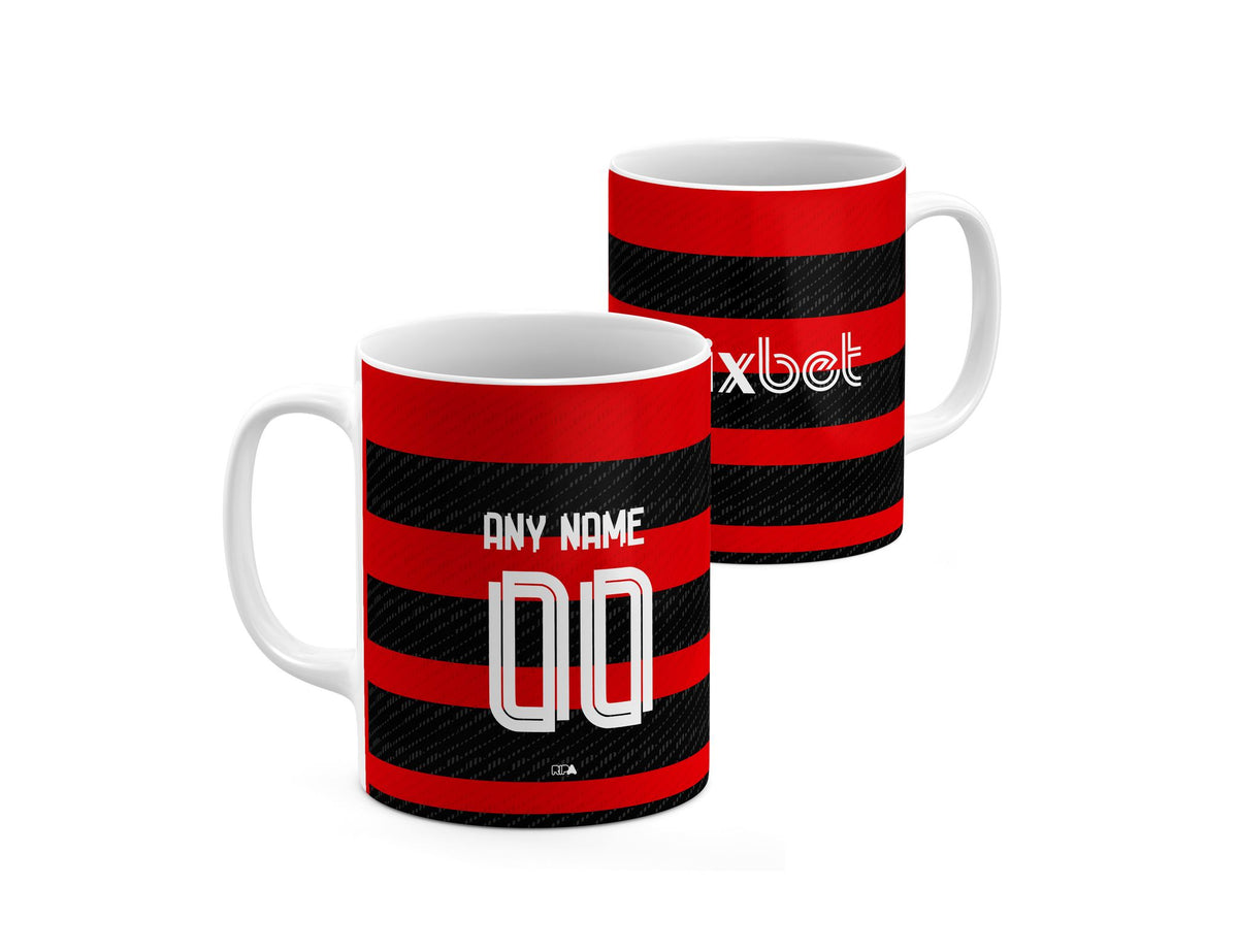 Mug with the Flamengo 2024 Home football shirt design by RIPA Football