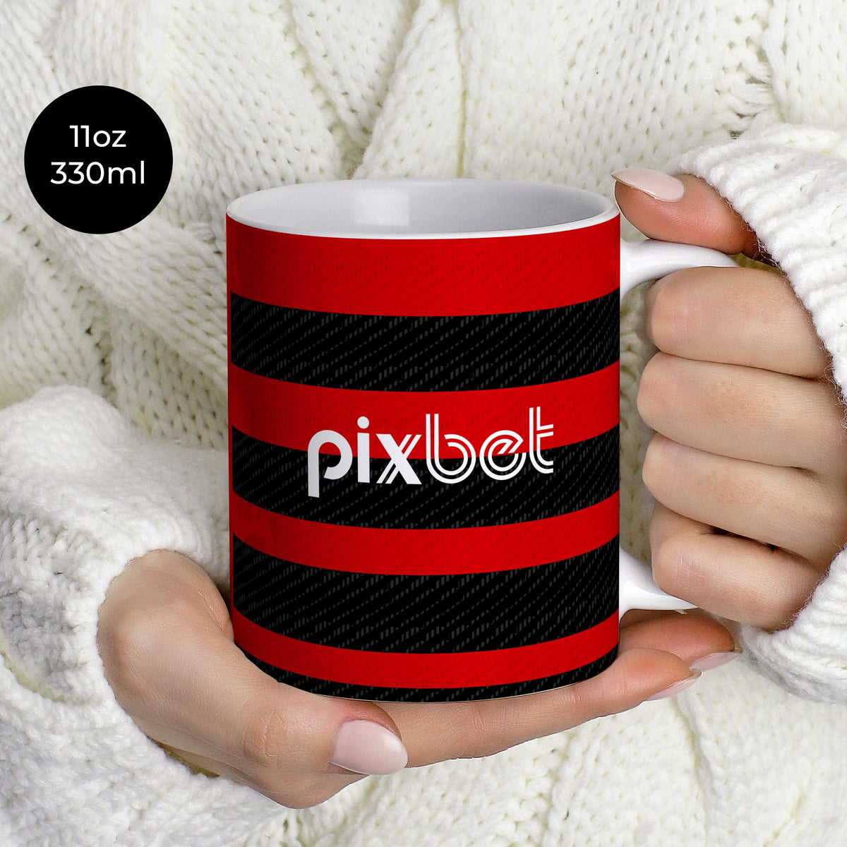 Mug with the Flamengo 2024 Home football shirt design by RIPA Football