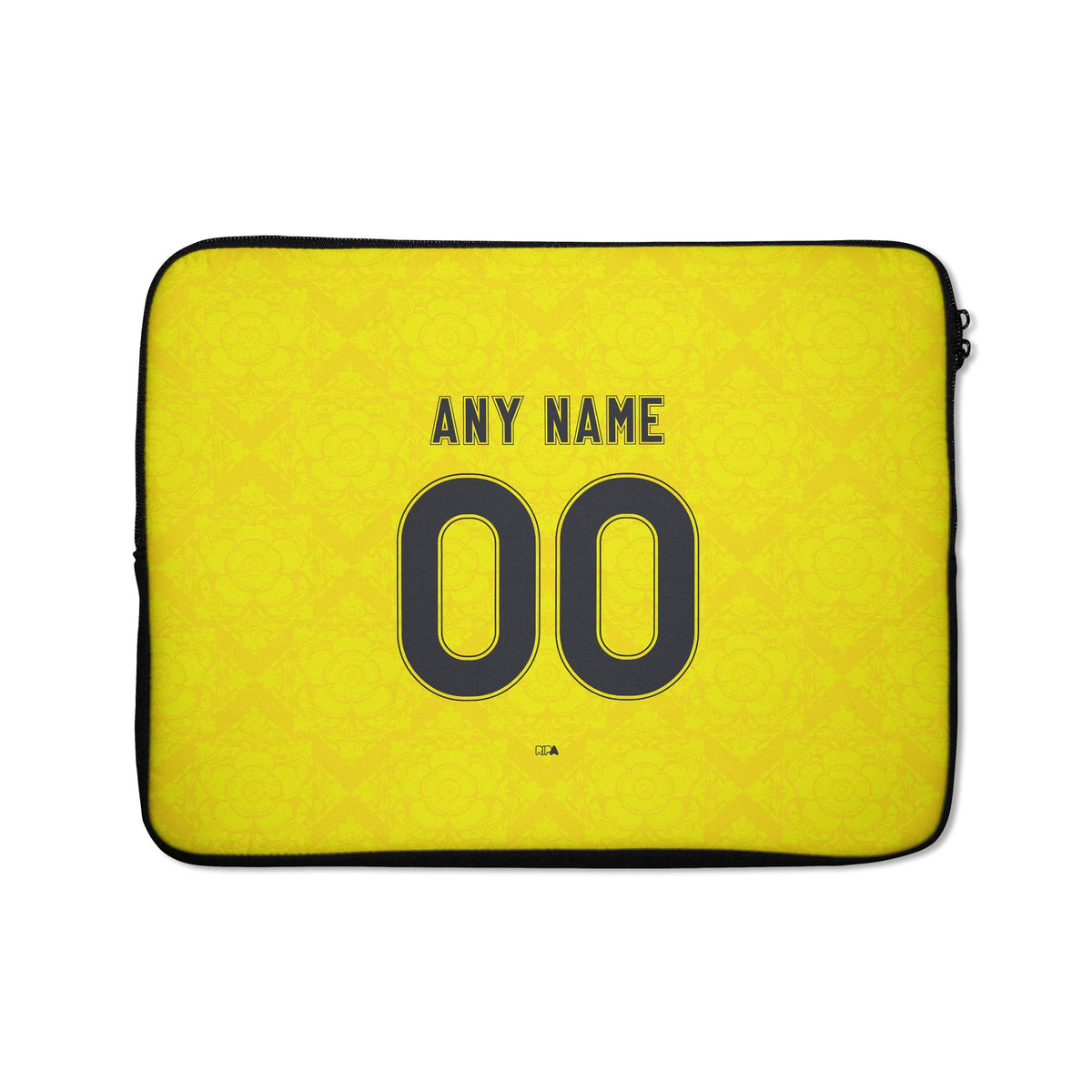 Laptop sleeve with the Leeds United 2026-27 Away football shirt design by RIPA Football