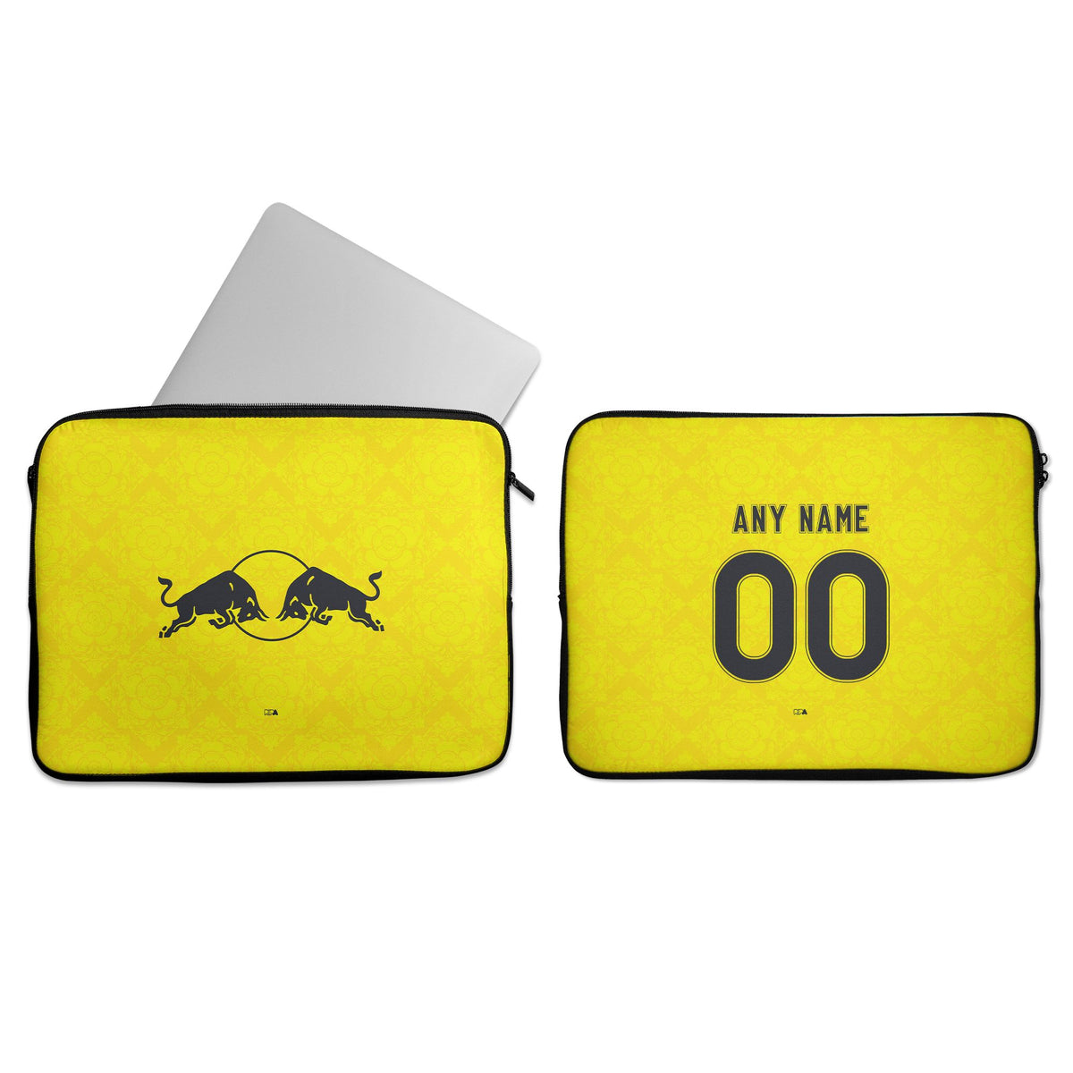 Laptop sleeve with the Leeds United 2026-27 Away football shirt design by RIPA Football