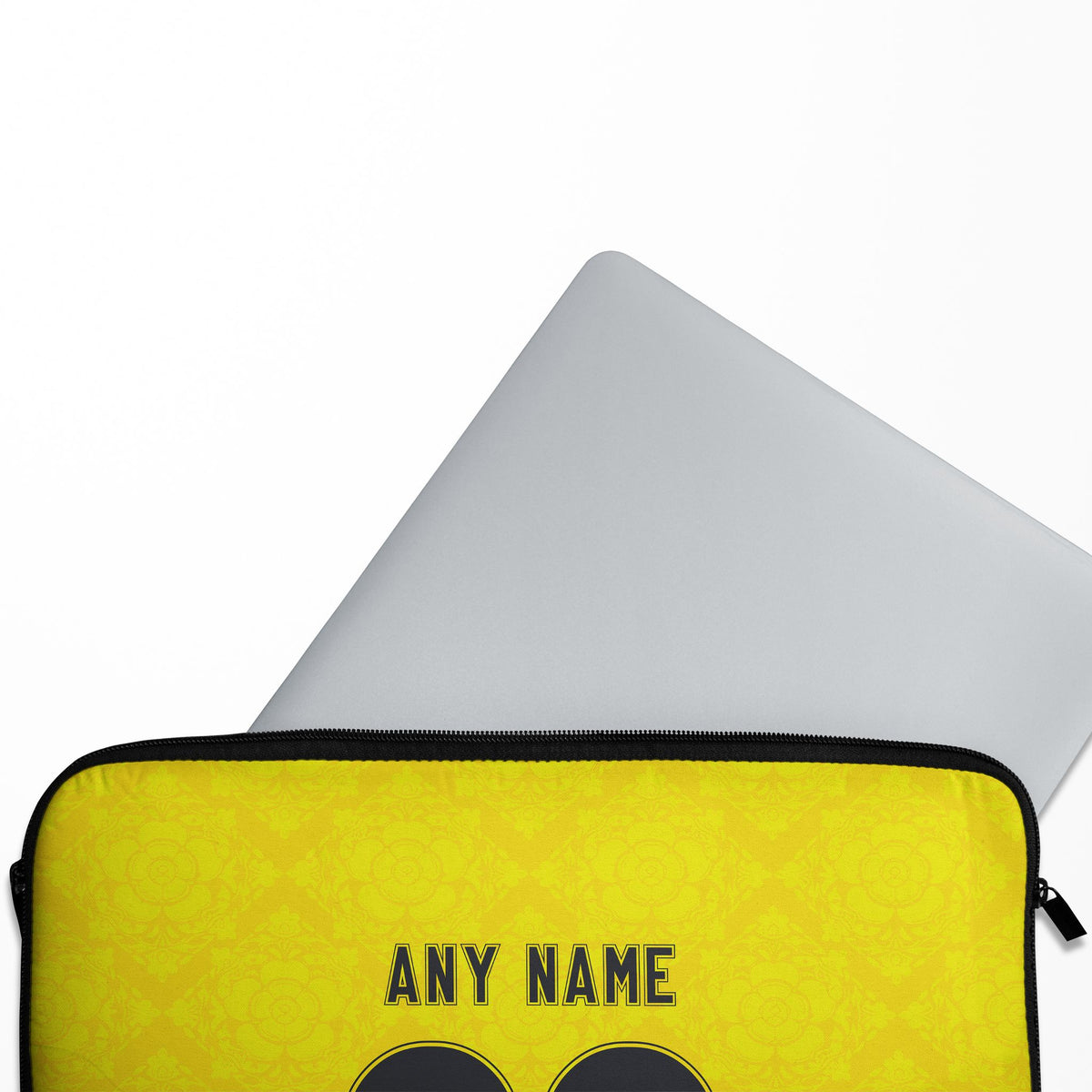 Laptop sleeve with the Leeds United 2026-27 Away football shirt design by RIPA Football