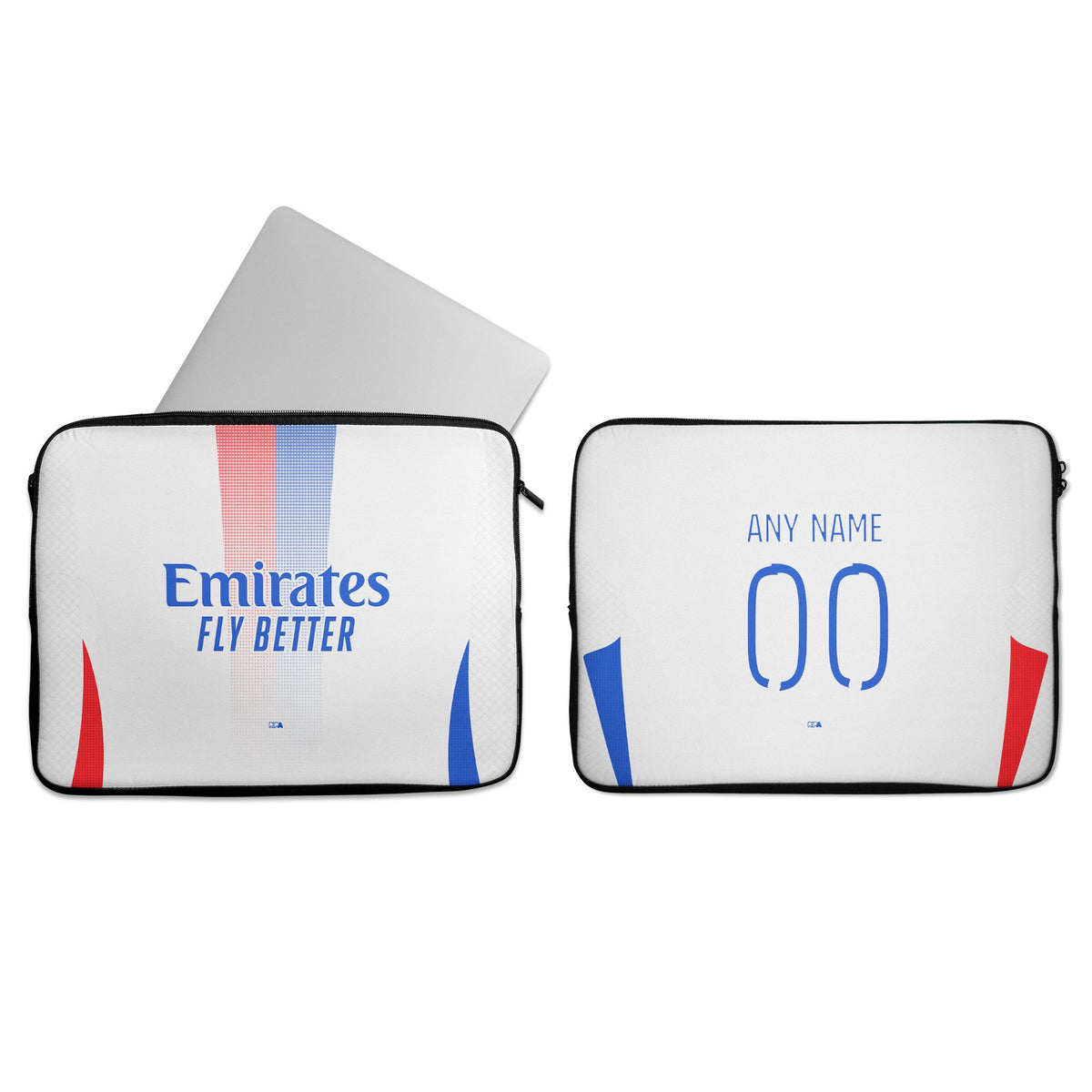 Laptop sleeve with the Olympique Lyonnais 2024-25 Home football shirt design by RIPA Football