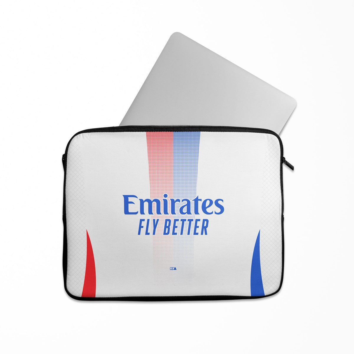 Laptop sleeve with the Olympique Lyonnais 2024-25 Home football shirt design by RIPA Football