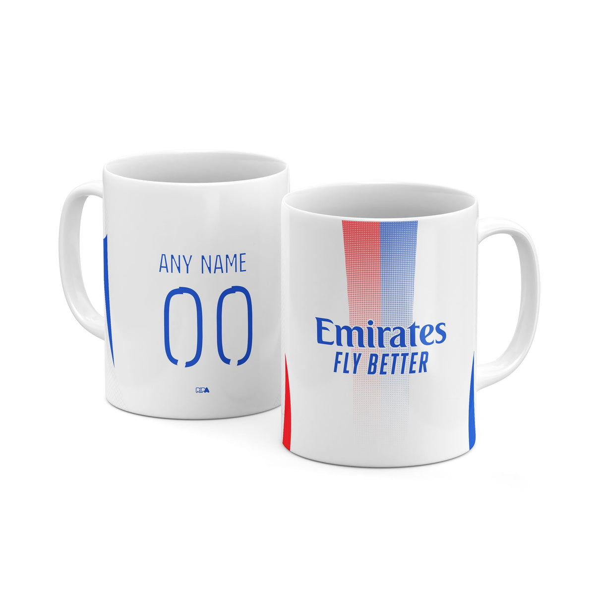 Mug with the Olympique Lyonnais 2024-25 Home football shirt design by RIPA Football