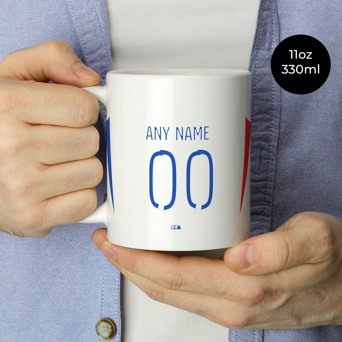 Mug with the Olympique Lyonnais 2024-25 Home football shirt design by RIPA Football