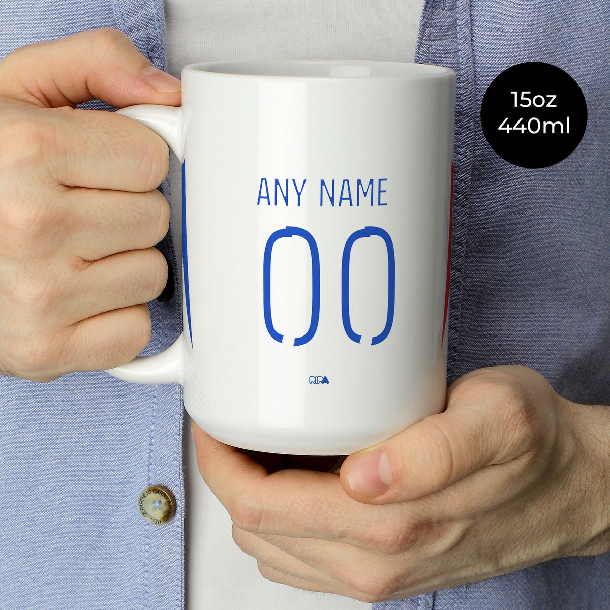 Mug with the Olympique Lyonnais 2024-25 Home football shirt design by RIPA Football