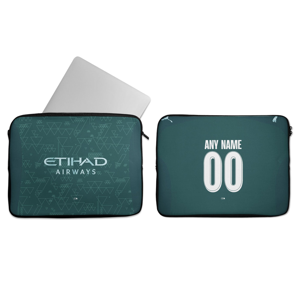 Laptop sleeve with the Manchester City 2025-26 Fourth football shirt design by RIPA Football