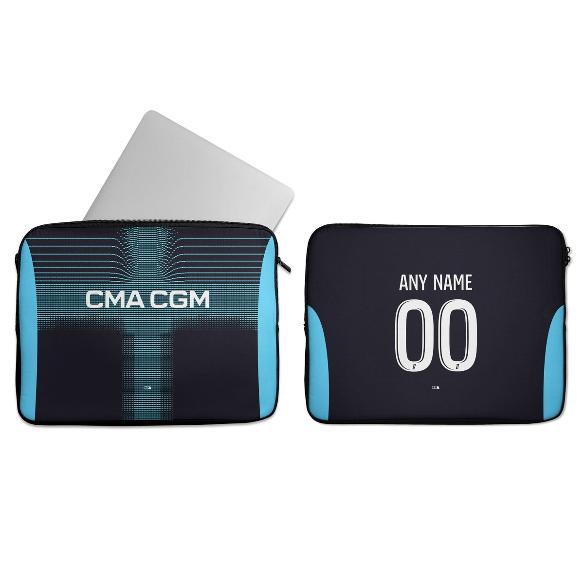 Laptop sleeve with the Olympique Marseille 2025-26 Away football shirt design by RIPA Football