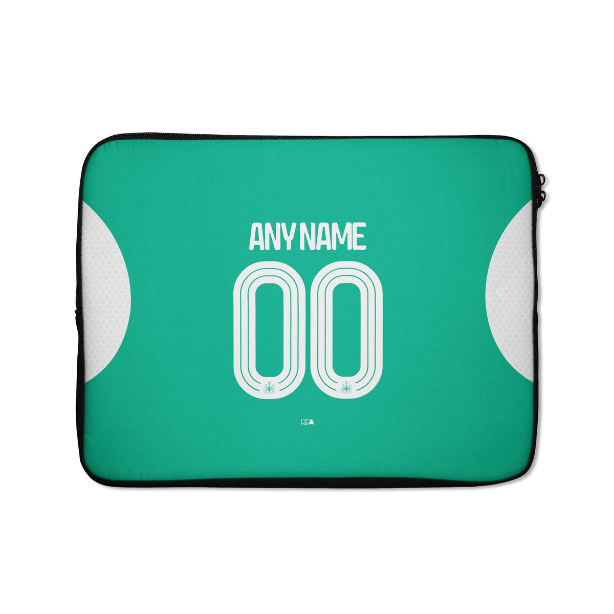 Laptop sleeve with the Newcastle 2025-26 Away football shirt design by RIPA Football