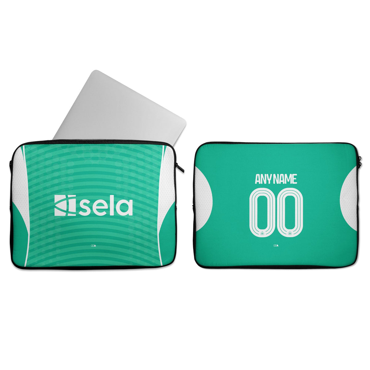 Laptop sleeve with the Newcastle 2025-26 Away football shirt design by RIPA Football