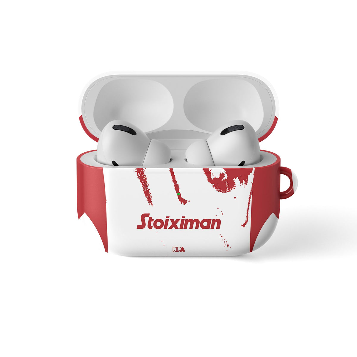 AirPods case with the Olympiacos 2025-26 Away football shirt design by RIPA Football