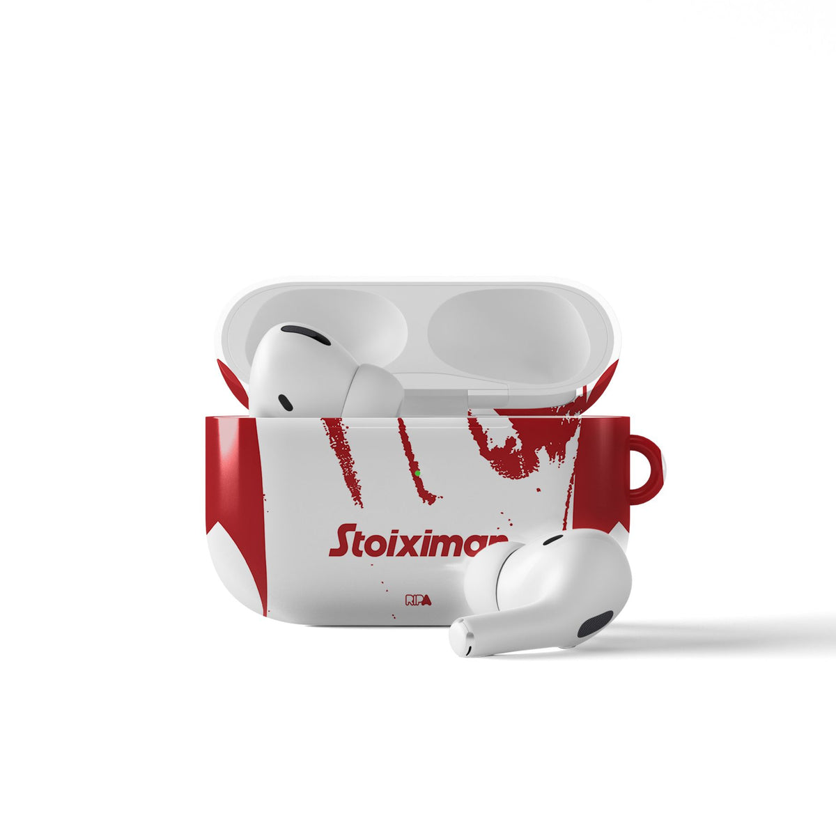 AirPods case with the Olympiacos 2025-26 Away football shirt design by RIPA Football