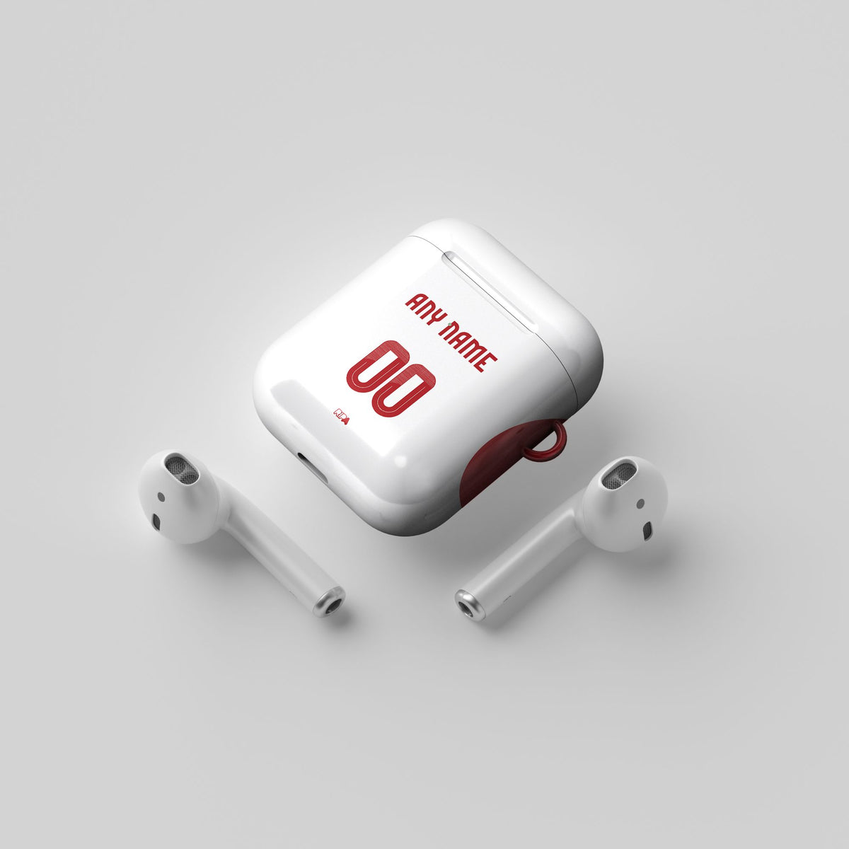 AirPods case with the Olympiacos 2025-26 Away football shirt design by RIPA Football