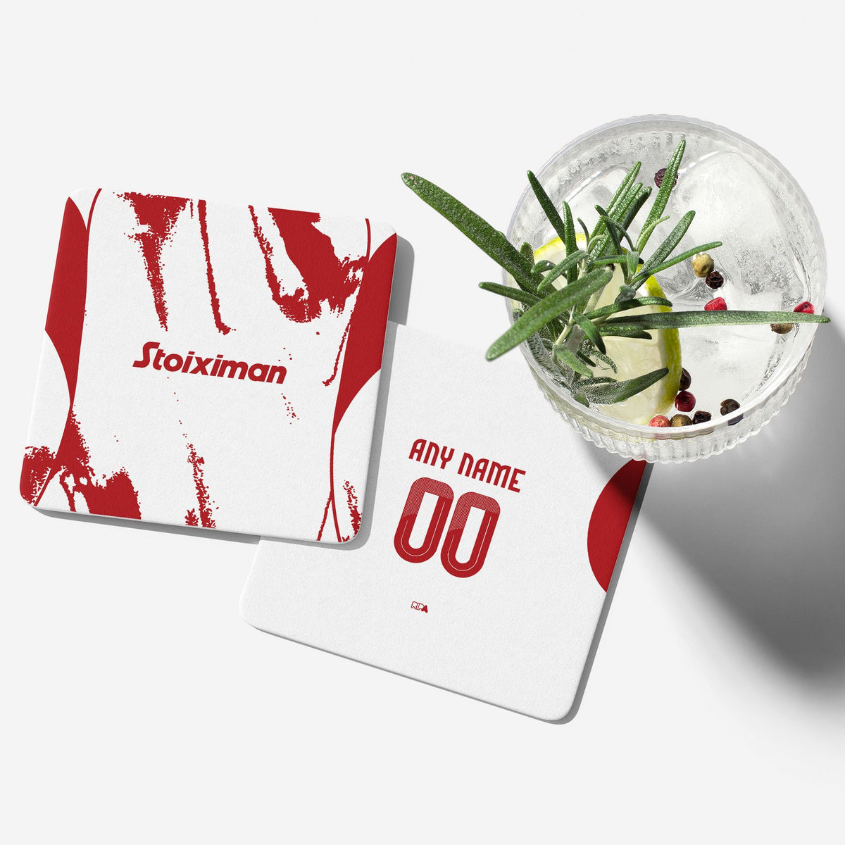 Coaster with the Olympiacos 2025-26 Away football shirt design by RIPA Football