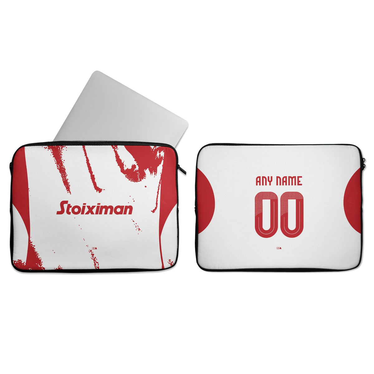 Laptop sleeve with the Olympiacos 2025-26 Away football shirt design by RIPA Football