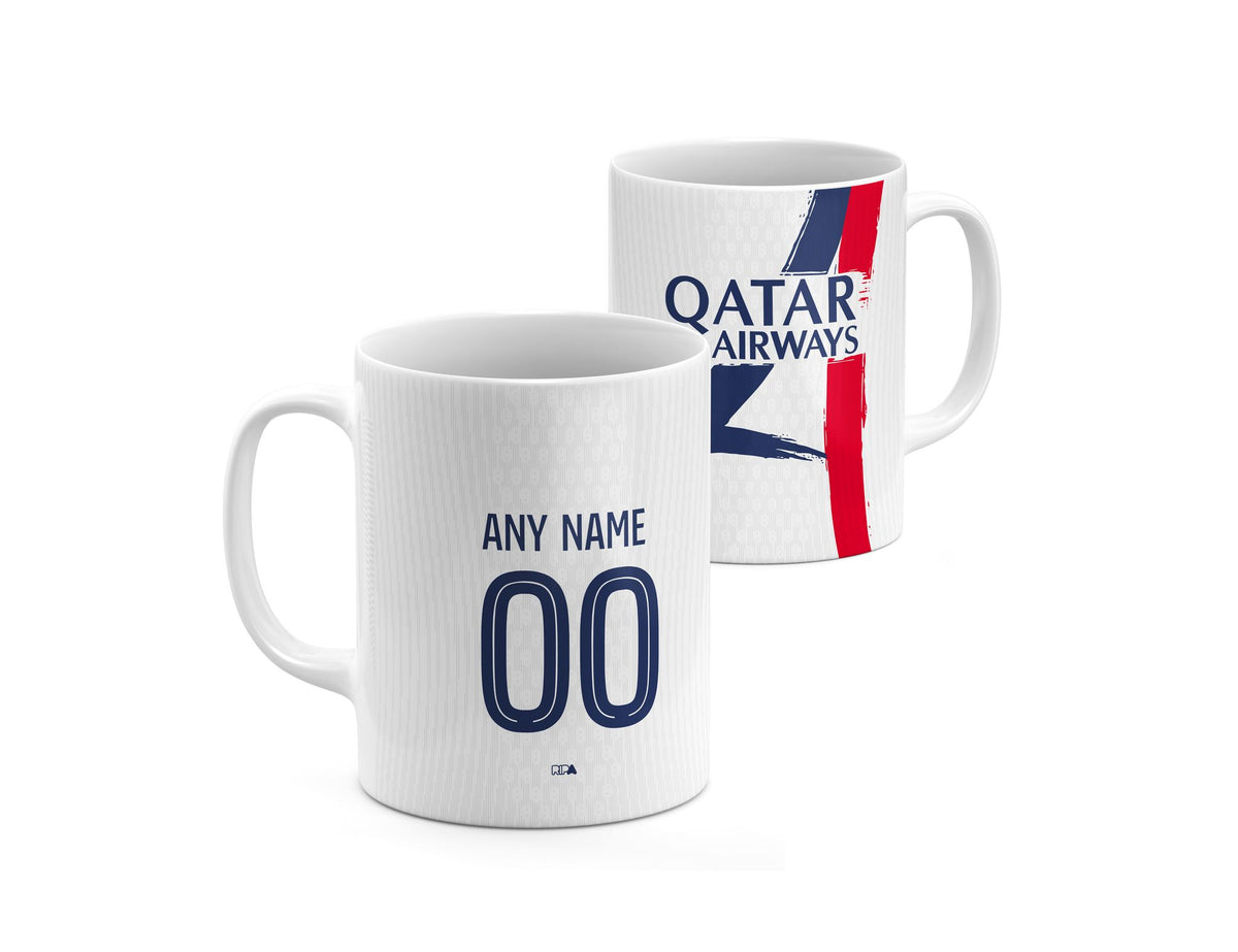 Mug with the Paris Saint Germain 2025-26 Away football shirt design by RIPA Football
