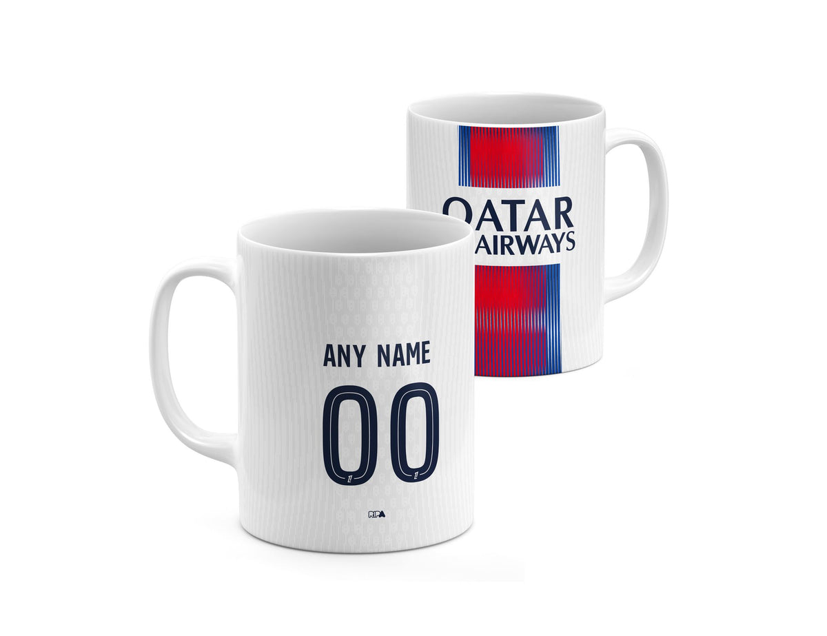 Mug with the Paris Saint Germain 2026-27 Away football shirt design by RIPA Football