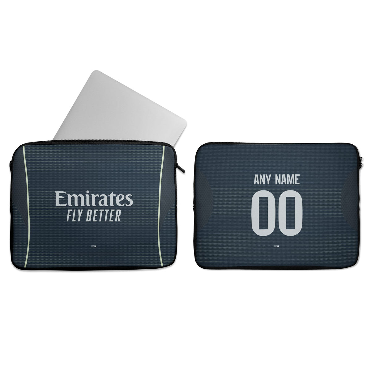 Laptop sleeve with the Real Madrid 2025-26 Away football shirt design by RIPA Football
