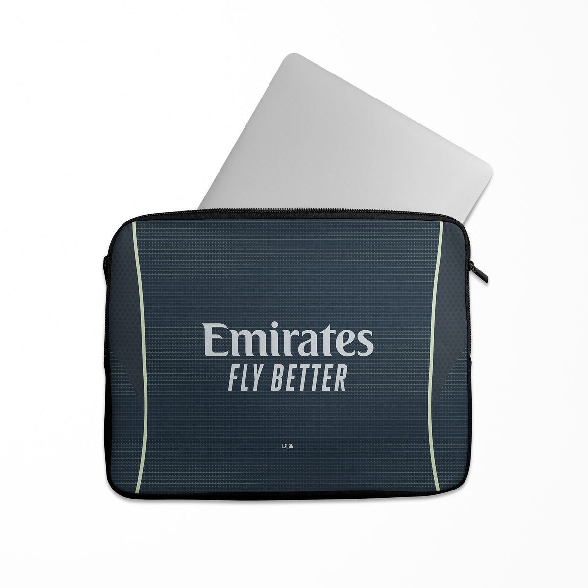 Laptop sleeve with the Real Madrid 2025-26 Away football shirt design by RIPA Football