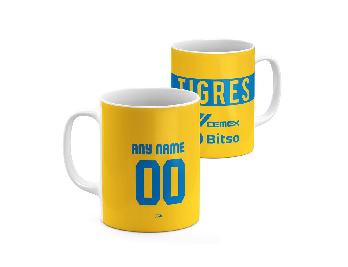 Mug with the Tigres 2022-23 Home football shirt design by RIPA Football