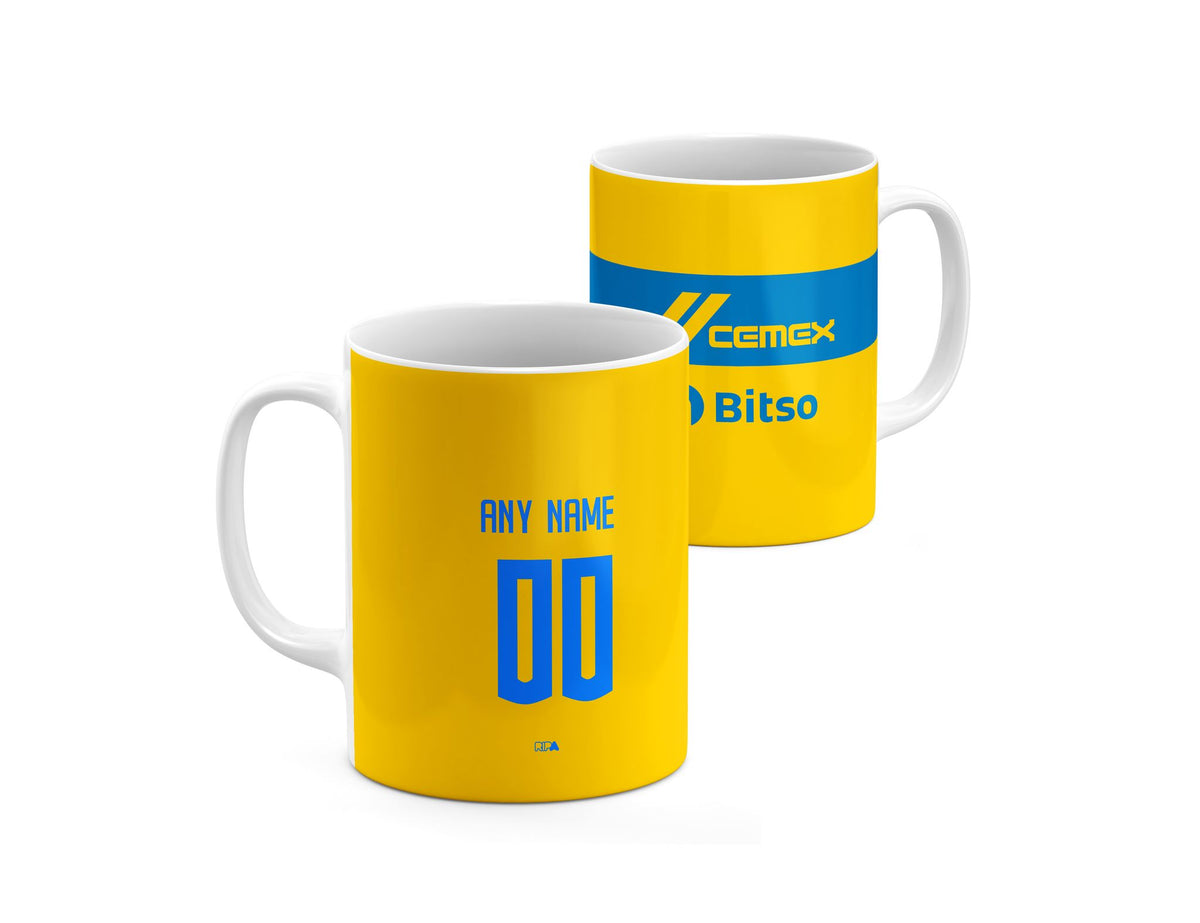 Mug with the Tigres 2023-24 Home football shirt design by RIPA Football