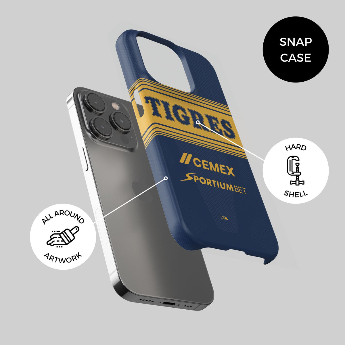 Phone case with the Tigres 2026-27 Away football shirt design by RIPA Football