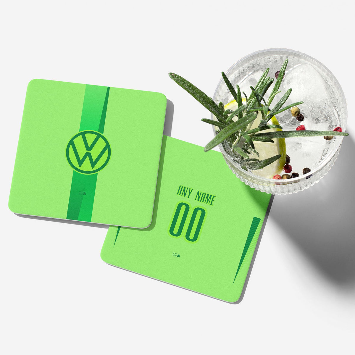 Coaster with the Wolfsburg 2024-25 Home football shirt design by RIPA Football