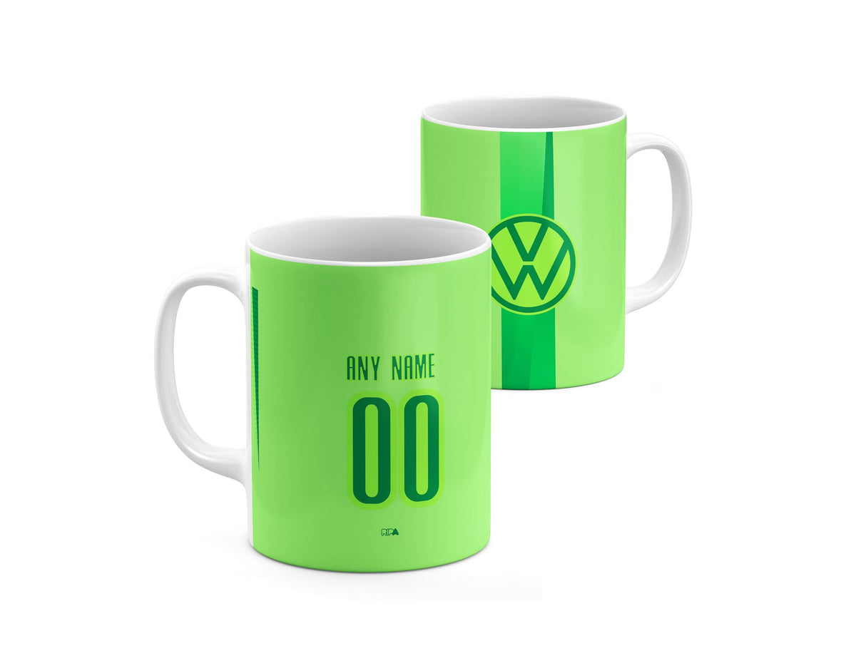 Mug with the Wolfsburg 2024-25 Home football shirt design by RIPA Football