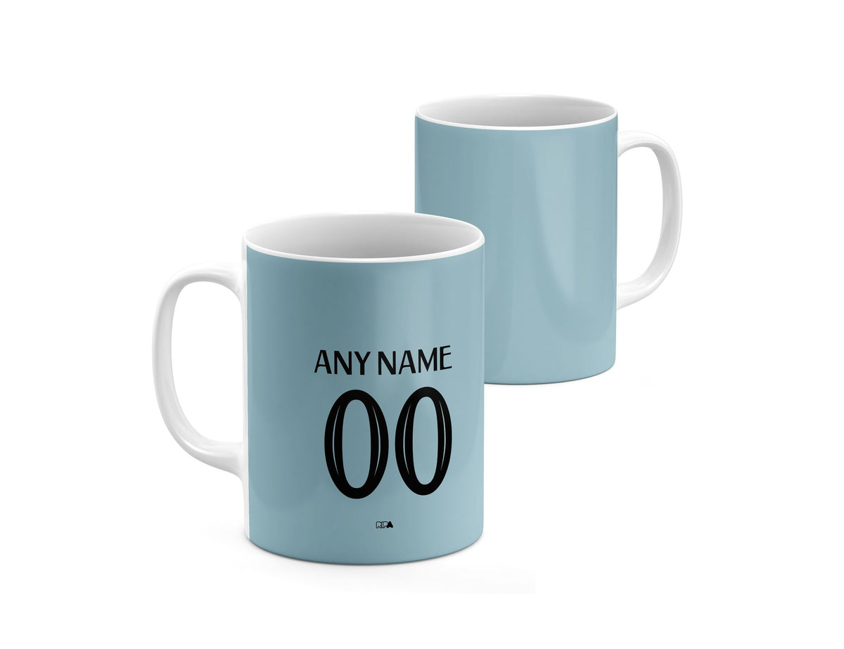 Mug with the West Ham United 2024-25 Home football shirt design by RIPA Football