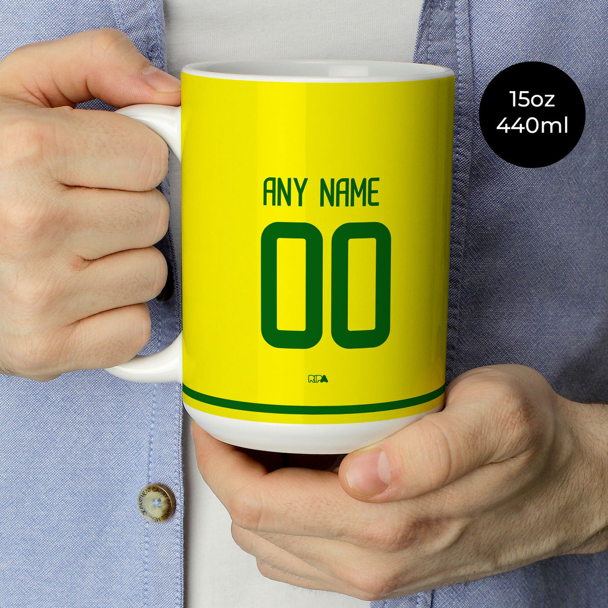 Mug with the Brazil 2002 Home football shirt design by RIPA Football