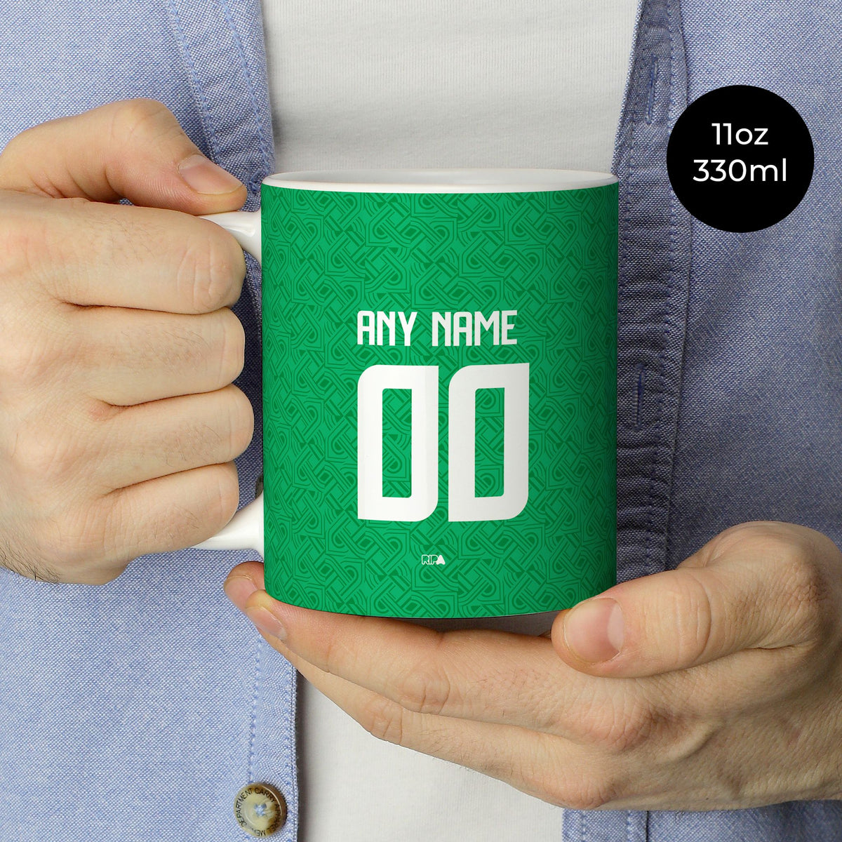 Mug with the Ireland 2024 Home football shirt design by RIPA Football